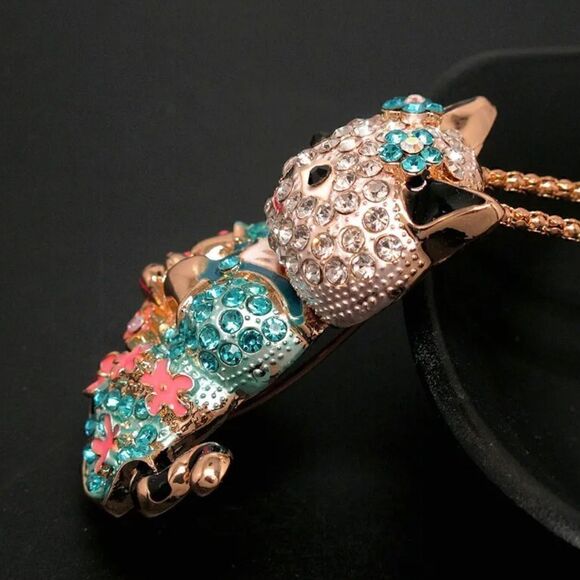 Shiny Sweet Cat Flower Basket Rhinestone Pendant Women's Necklace NWOT - Picture 3 of 3